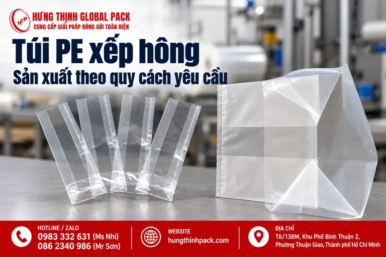 Các mẫu túi PE xếp hông trong suốt trải phẳng và mở rộng hông, kèm logo và thông tin liên hệ Hưng Thịnh Pack.