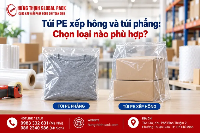 So sánh túi PE xếp hông và túi phẳng: Túi PE phẳng đựng áo thun, túi PE xếp hông đựng hộp sản phẩm giúp lựa chọn loại túi phù hợp.