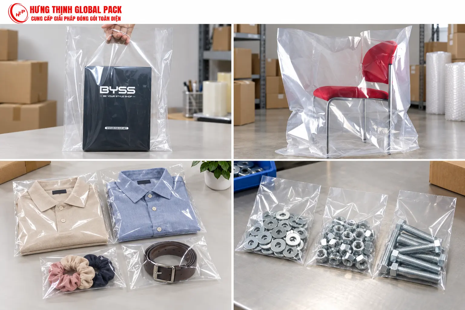 Túi PE trong suốt miệng bằng đóng gói hộp hàng, ghế, quần áo, phụ kiện thời trang và phụ kiện cơ khí.