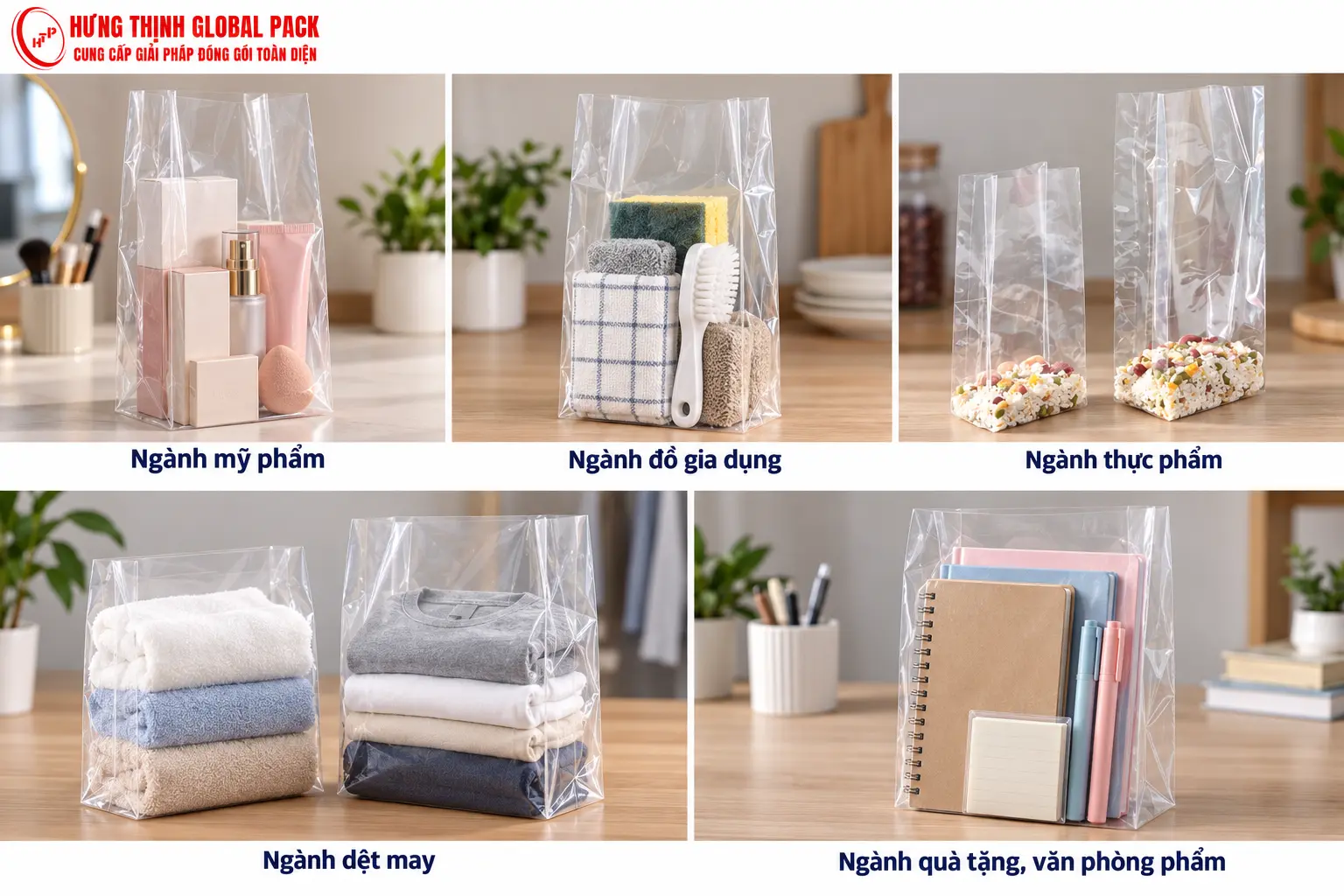 Túi PE xếp hông trong suốt đóng gói mỹ phẩm, đồ gia dụng, thực phẩm, quần áo, khăn và văn phòng phẩm.